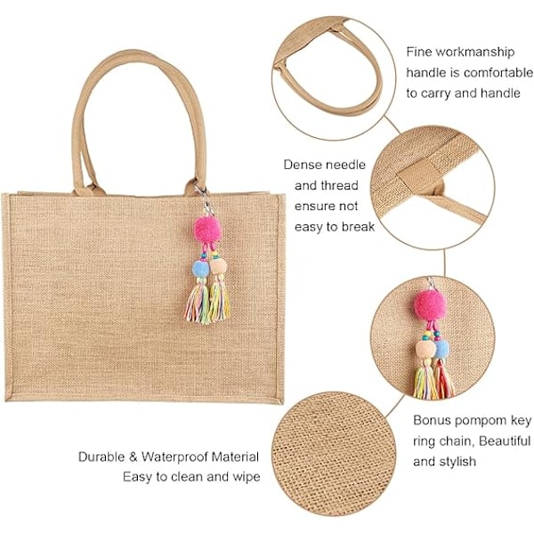 Jutetaske, shopper, kvinder, stor jutepose, strandtaske, foldbar, vandtæt, indkøbstasker, håndtaske til picnic, rejser, shopping, strand og hverdag