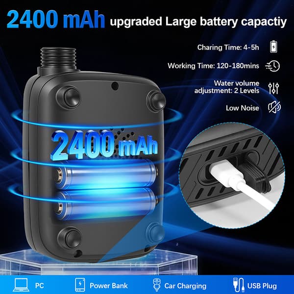 Bärbar elektrisk utomhusdusch med 2400mAh batteri, campingduschpump för resor och vandring Black