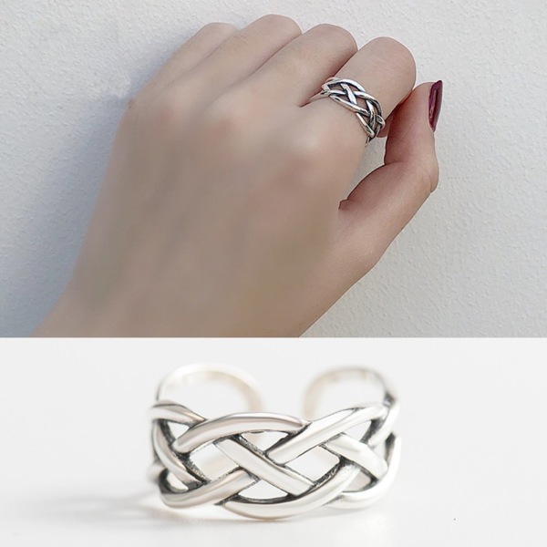 925 Sterling Silver Justerbar Ring Kärleksknut Flätad Vintage Antika Ringar Öppet Band för Kvinnor Flickor Män