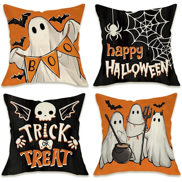 4 kpl Happy Halloween Dekoratiiviset Tyynynpäälliset 18 x 18, Temppu vai Kosto Haamumainen Haamu Boo Oranssit Mustat Ulkokäyttöön