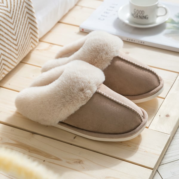 Damtofflor Memory Foam Fluffy (Tan, Large) Mjuk Varm Slip On Ho