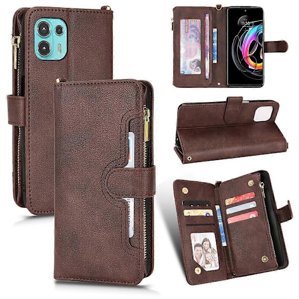 Fodral för Motorola Edge 20 Fusion Skydd Dragkedja Magnetisk Plånbok Korthållare PU Läder Flip Fodral Brun{GKS} Brown A