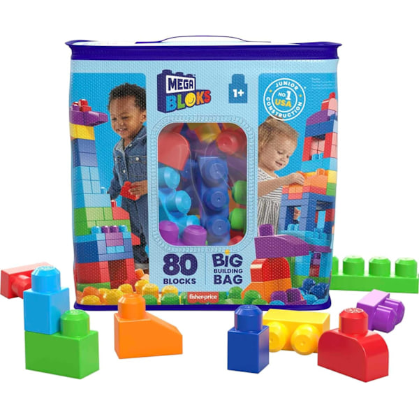 MEGA BLOKS First Builders Toddler Blocks Leikkisarja, Suuri Rakennuspussin 80 Palalla ja Säilytyksellä, Sininen, Ikä 1+ Vuotta