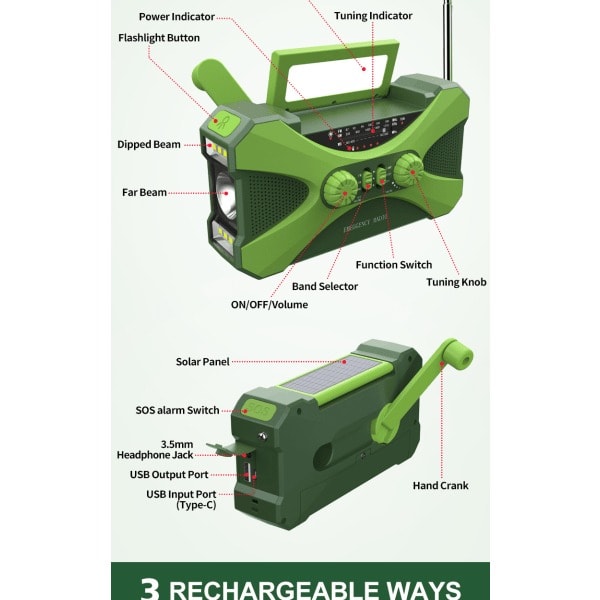 10000mAh Solcellsdriven Nödhandvevradio, med Handvevströmsgenerering, Ficklampa, USB Multifunktionsradio, Grön Grön
