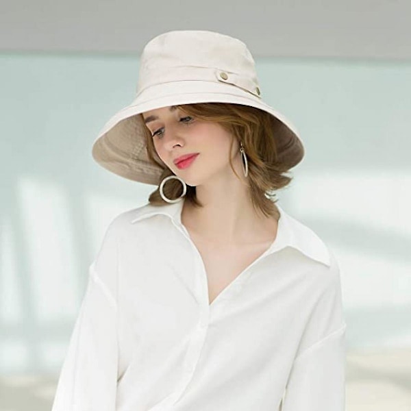 Bomulls Solhattar för Kvinnor med Bred Brätte UPF50+ UV Hopfällbar Strandhatt Sommar Bucket Hatt för Resor, Beige