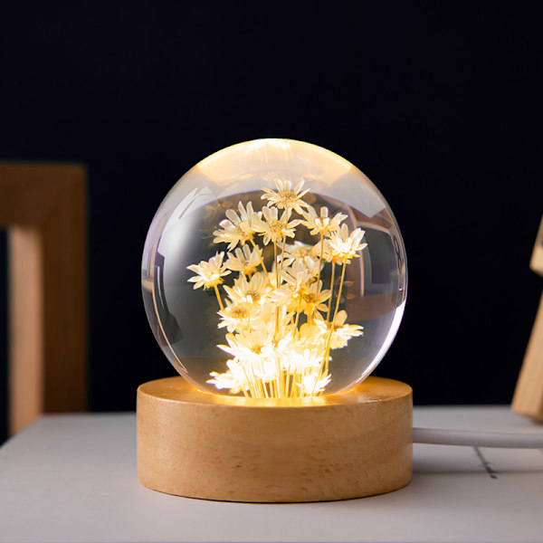 Riktig Konserverad Blomma Glaskula Nattlampa | Dimbar Batteri LED (Maskros)