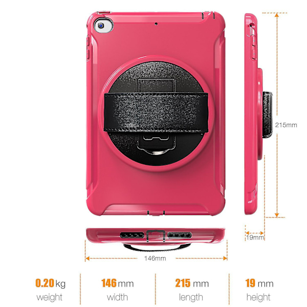 Nytt høykvalitets deksel for iPad Mini 4/5 med håndstropp, justerbart stativ, kamerabeskyttelse, barnevennlig (rose rød)