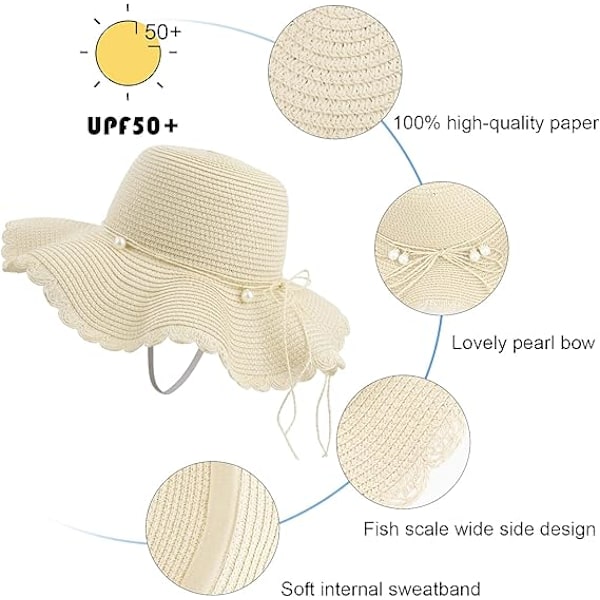 Beige stråhat til kvinder, foldbar solhat UV-beskyttelse, sommerstrand