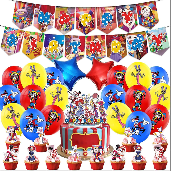 The Amazing Digital Circus Birthday Party Supplies, The Amazing Digital Circus Party Inklusive Cake Keps, Cupcake Kepsar, Flaggor, latexballonger