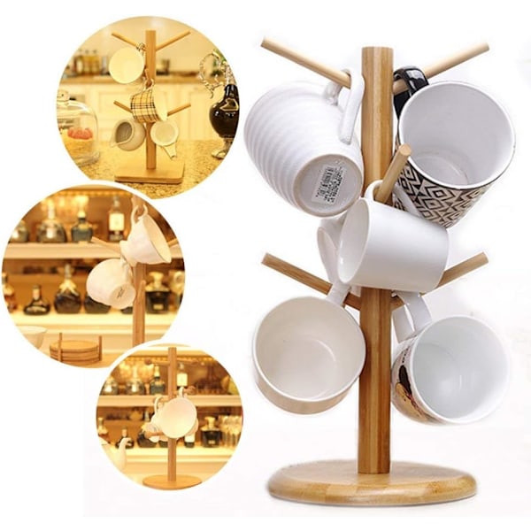 Krus Holder Træ, Kaffekop Holder, Bambus Krus Træ Stand, Kaffekop Tørrestativ med 6 Kroge$Bambus Træ Krus Stand Træ Kaffe Te Kop Organizer