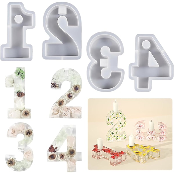 1-4 Nummerformede DIY Silikonforme, Silikonform Lysestager, Nummerlysform Beton Silikonlysestander Lysestager Gips Harpiksform