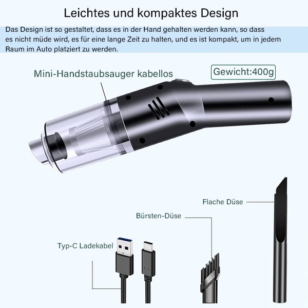 Håndholdt støvsuger, batteridrevet håndholdt støvsuger til bil, USB-genopladelig, bærbar