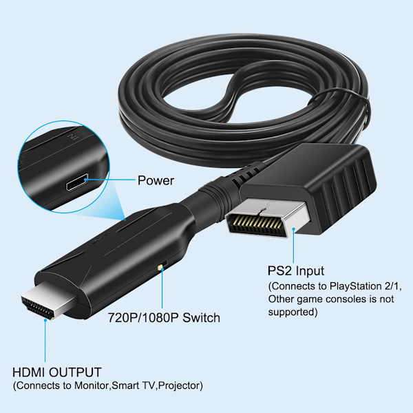 HDMI-kabel til Playstation 2 & Playstation 1 konsol (PS2 & PS1), PS1/PS2 til HDMI-adapter med ægte RGB-signaludgang Playstation 1