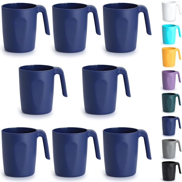 Blå Plastkaffekoppar Set om 8 x 450ml, Muggar med Handtag, Återanvändbara Vattenkoppar, Lätt att Bär