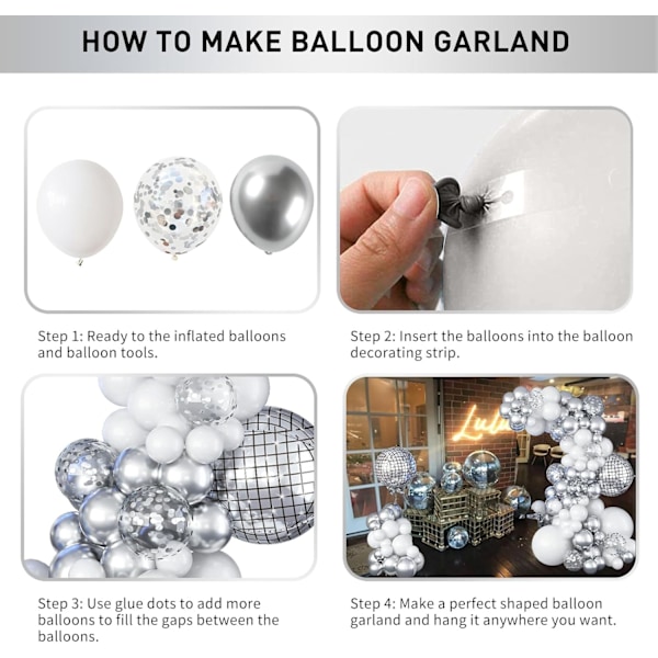 Disco Ball Ballonbue Sæt, Hvid og Sølv Ballonguirlande med 22 Tommer 4D Metalliske Sølv Spejlkugler