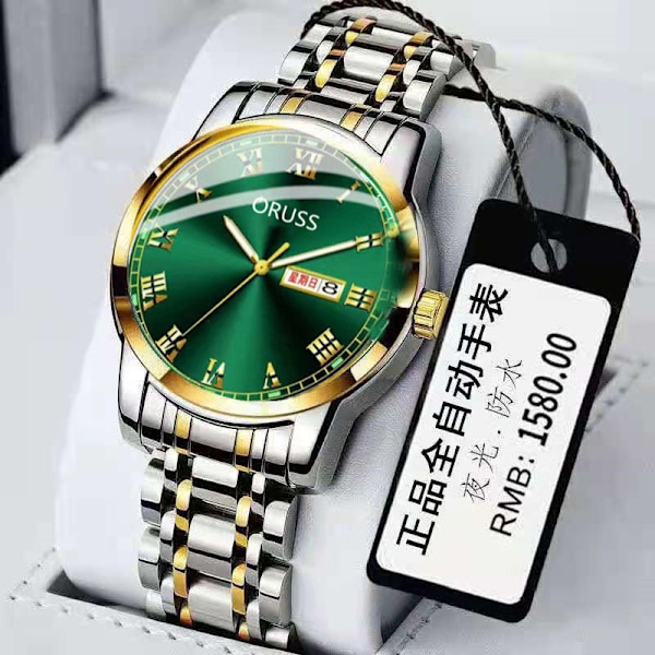 Automatisk Mekanisk Herreur Kalender Selvlysende Vandtæt Rundt Almindeligt Glasspejl Armbånd{GKS} Roman green surface