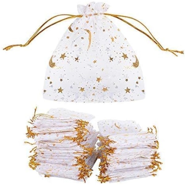 100 stk organza poser (9 * 12 cm) slikposer smykkeposer slikposer stjerne-måne mønster varmtryk for fest bryllup slik chokolade jul fødselsdag