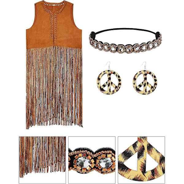 Piece Women Hippie Costume Set Fringe Vest Faux Seude Tassels Vest 3X-Large