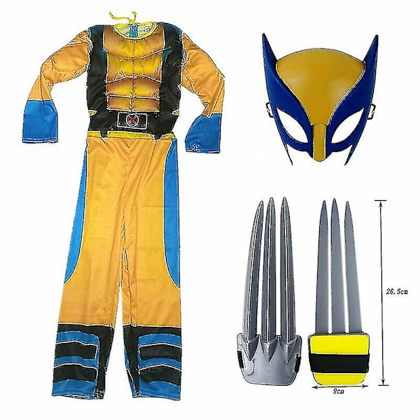 Wolverine-dräkt för barn, superhjältedräkt, jumpsuit, halloween-cosplay, mask/vargklo-rekvisita, fantasy-G, 3-delars set 3Pcs Set M(120-130CM)