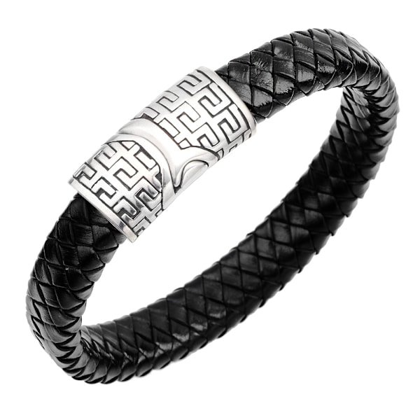 Men's Leather Bracelet Black/Brown Braided Titanium Magnetic Clasp