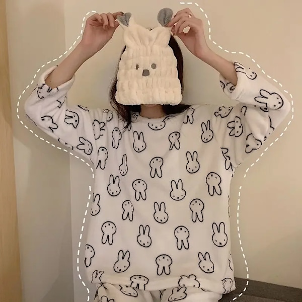 Naisten syksy-talvi koralli fleece vuorattu sarjakuva pyjama opiskelija lämmin koti vaatteet flanelli materiaali paksuuntunut fleeces mini kani Mini rabbit L