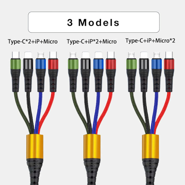 4-in-1 USB-pikalatauskaapeli [120 cm pitkä] Monitoimikaapeli Type-C Micro Android -puhelimille