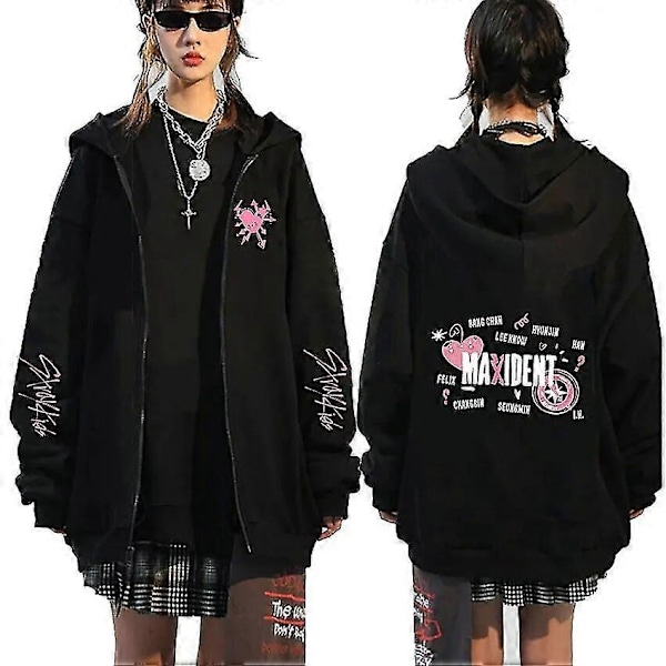 Koreansk Mode Stray Kids Maxident Lynlås Hættetrøje Mænd Kvinder Cardigan Lynlås Jakke Hættetrøjer Par Casual Mode Sweatshirts Sort m