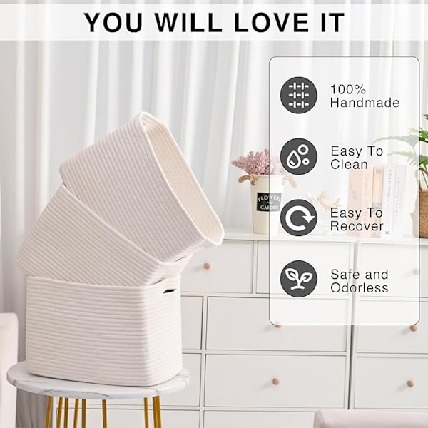 Oppbevaringskurver for organisering av hyller, vevde bomullsrepskurver for babyrom, bok, leketøy, håndkleorganisator, 38x28x24 cm, 1 pakke, off-white