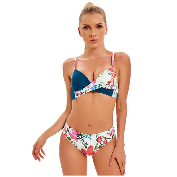 Bikinibaddräkt för kvinnor med blommönster med snörning V-ringad baddräkt i två delar, blå-3, Xl