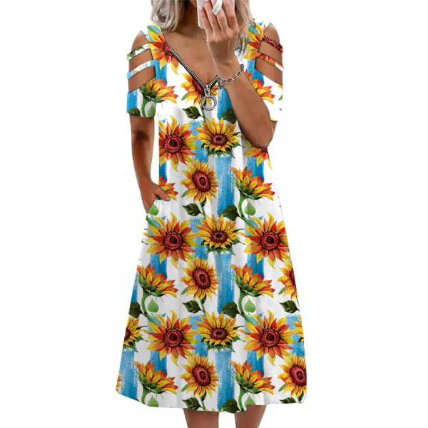 Sommarblommigt print för kvinnor med kors V-ringad klänning Bohemian Flowy Långa Maxiklänningar, Solros (5XL)