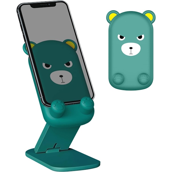 Dubbelt Vikbart Mobiltelefonställ Justerbart Mobiltelefonhållare för Skrivbord Silikonskydd Kompatibelt med iPhone 15 14 13 12 11 Pro Max Green Bear