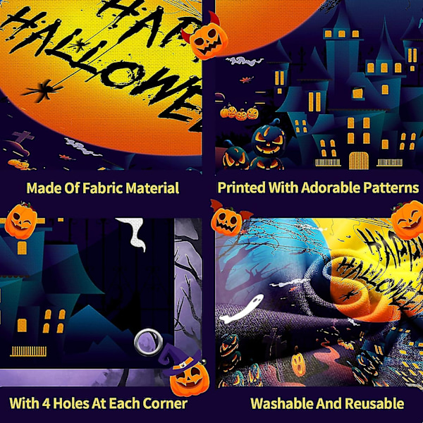 Happy Halloween-banner, halloween-bannerdekorasjoner, stor stoff halloween fotoboks bakgrunn, halloween hengende banner med måneslott i blått Blue 185*110 cm