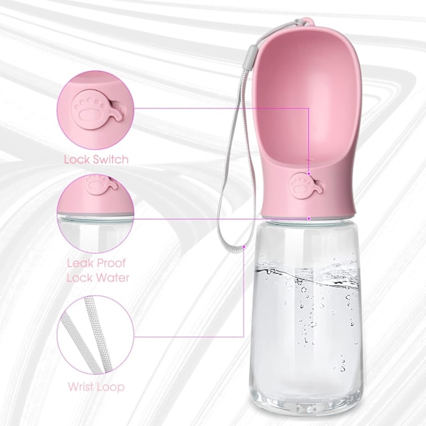 Hundvattenflaska, läckagesäker bärbar vattenbehållare för valpar med dricksskål för husdjur, utomhuspromenader, vandring, resor (560 ml Rosa)