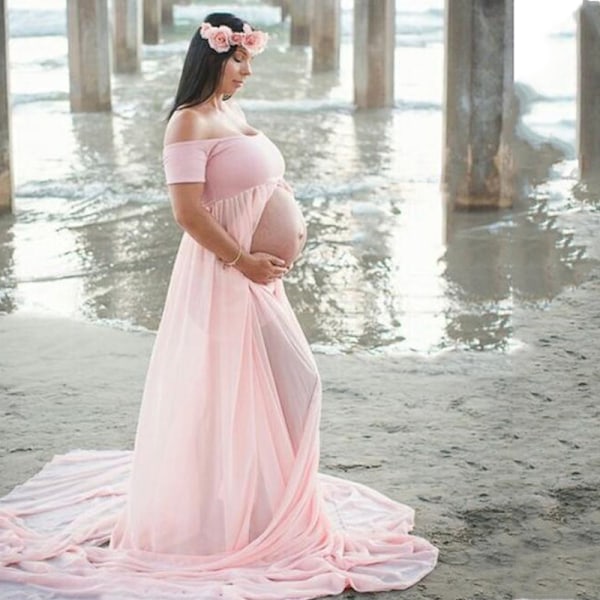 Gravidklänning Maxi Spetsklänning för Gravida Kvinnor Afton Fotografering Rosa pink L