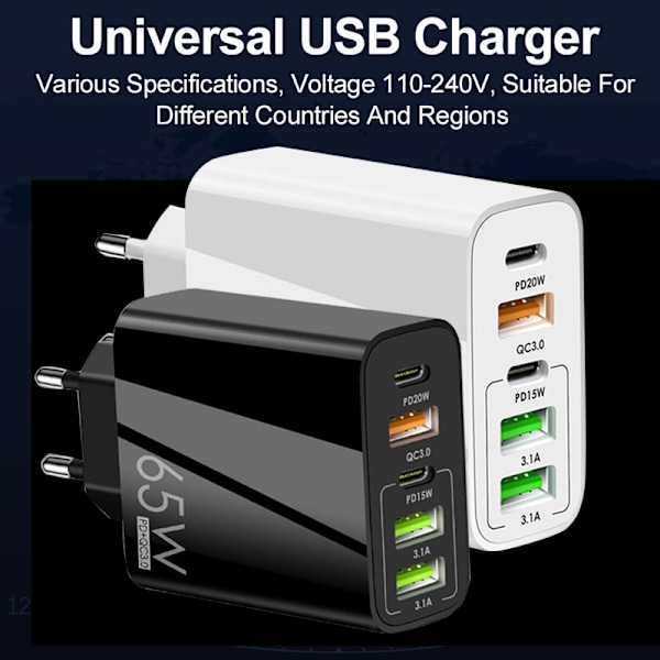 65W PD-lader USB smarttelefon laderadapter med type-C PD+3USB telefonlader og strøm white