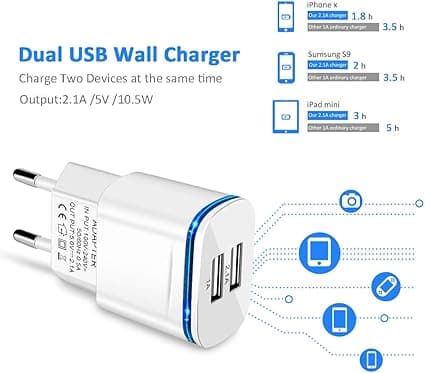1st Ström USB Laddningsadapter, 2.1A 5V 2-Port Universal LED Strömadapter