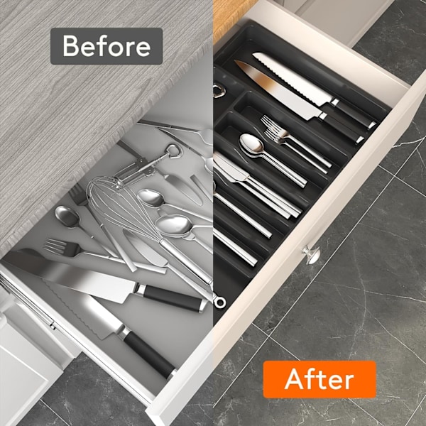 Sølvbestik Skuffe Organizer, BPA Fri Bestik Holder, Justerbar Plastik Opbevaring til Skeer Gaffler Knive, Stor, Sort Black