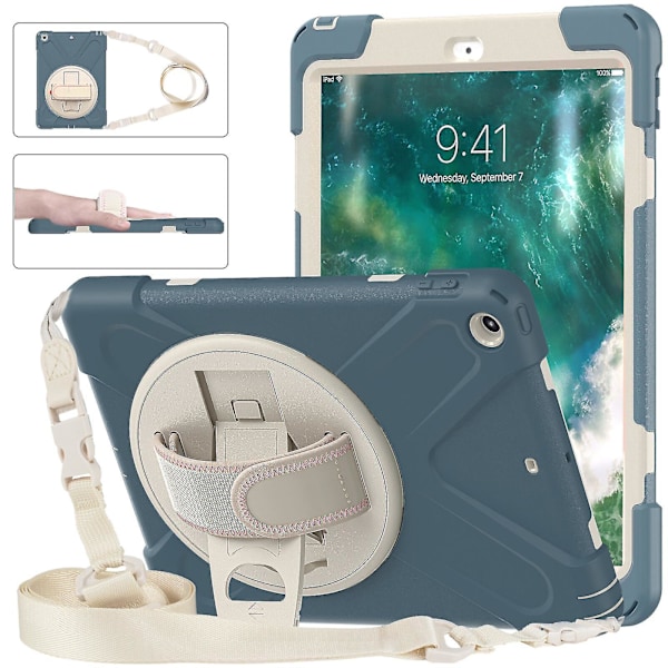 Nytt etui med håndstroppdesign for iPad 9,7 tommer med skulderstropp, justerbart stativ, pennholder, fallbeskyttelse (Kornblomstblå)