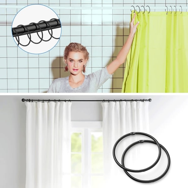 12 anneaux de rideau de douche noirs, crochets de rideau de douch