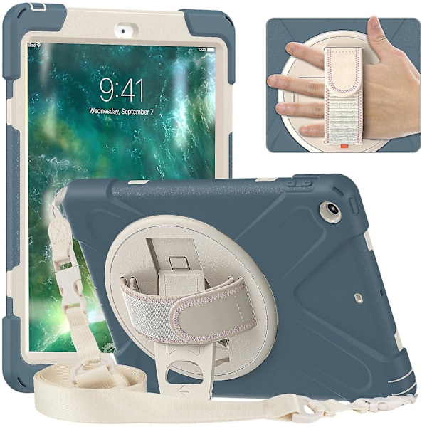 Nytt etui med håndstroppdesign for iPad 9,7 tommer med skulderstropp, justerbart stativ, pennholder, fallbeskyttelse (Kornblomstblå)