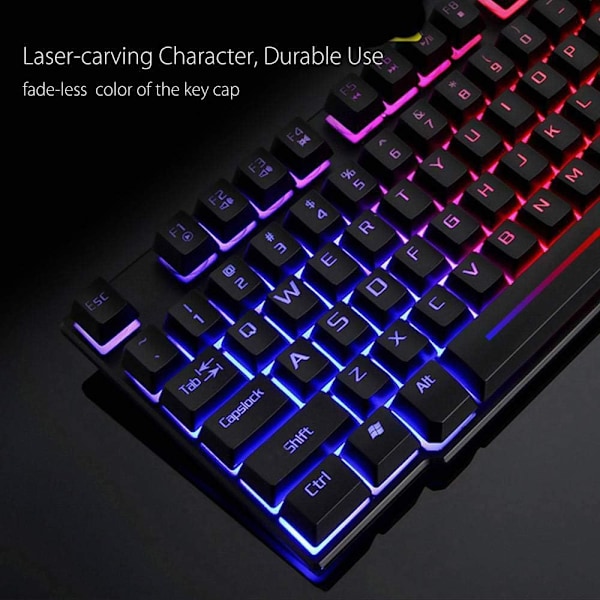 LED-baggrundsbelyst gaming-tastatur og mus-kombination Ergonomisk tastatur, sort