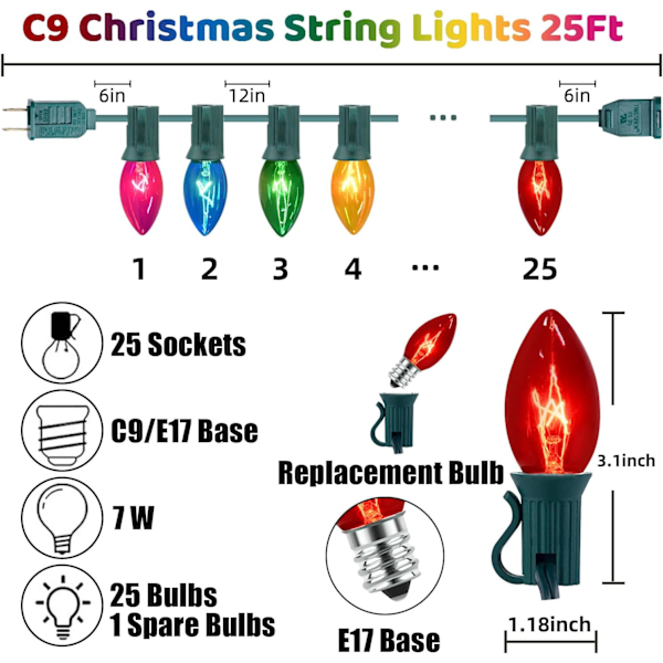 C7 Flerfärgade Julbelysning Vintage Julgransbelysning Inomhus C9-25Lights