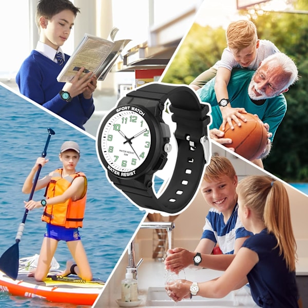 Barnklockor Pojkar Flickor, Analog Klocka med Bakgrundsbelysning, Tonåringar Barn 5ATM Vattentät Analog Klocka Mjukt Gummiband Lätt att Läsa Black&white