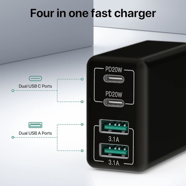 USB C-laddare, 40 W USB multi-snabbladdare, flera USB-uttag USB-laddningskontakt-adapter, USB-laddare