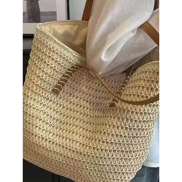 Handväska stråväska dam sommar strandväska handväska vävd väska pendlare axelväska stråväska (benvit) off white