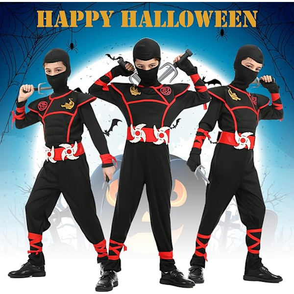 Barn Halloween Ninja Fancy Dress Kostyme med Ninja Tilbehør, Ninja Muskel Kostyme for Gutter Jenter, Luksus Ninja Rollespill Antrekk for Halloween Cosplay M