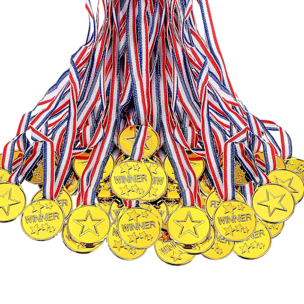 100 stk. Plastmedaljer for barn Gullvinnermedaljer for stil, festdekorasjoner og prisutdeling
