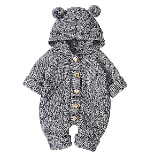 Nyfödd baby pojke flicka björn öra stickad sparkdräkt jumpsuit huvtröja outfit set 6-12 månader