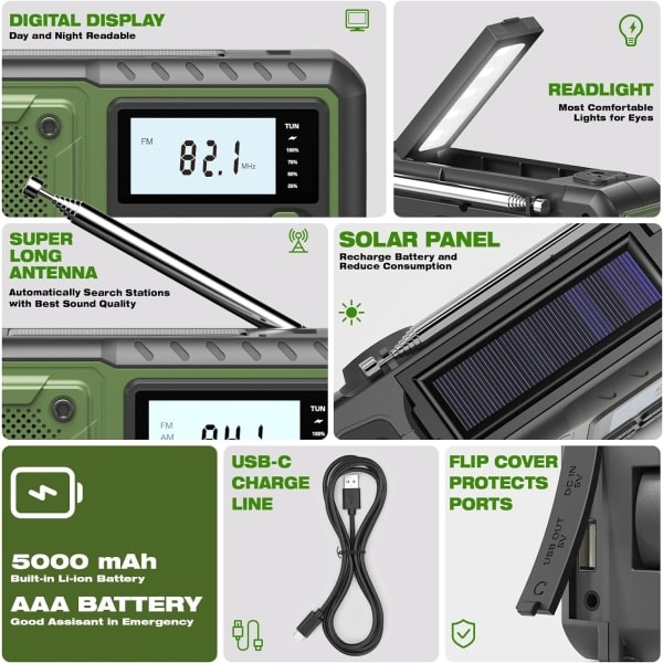 Nyeste Nødradio, 4000mAh Powerbank Solhåndsvevradio, AM/FM/WB/NOAA og Varsling Bærbar Værrradio