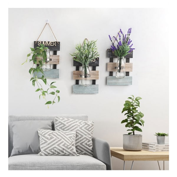 Vägghängande planteringskruka Terrarium med trä, retro hängande glasväxter förökningsstation för hydroponisk växt (höst)